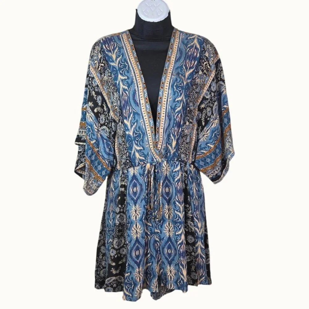 Free People Boho Blue & Brown Floral Print Tie-Waist Romper Size S - Picture 1 of 9